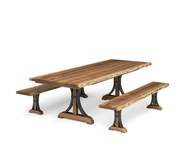 Live Edge Dining Table & Benches with Buckle Base