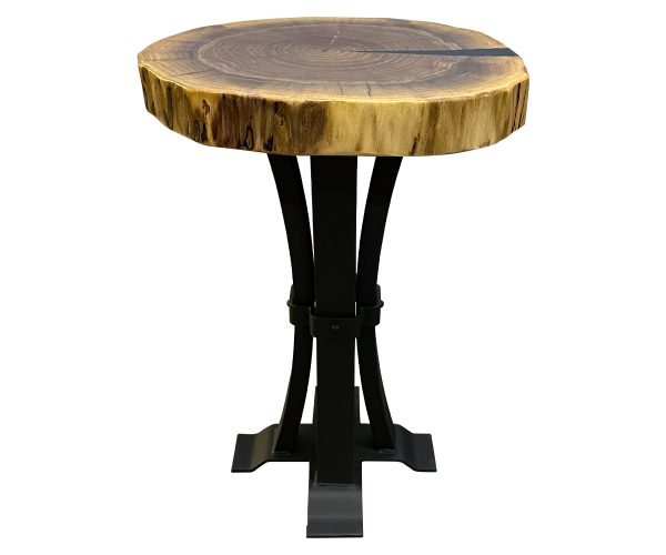 Round live edge end table in Rustic Walnut with custom metal base