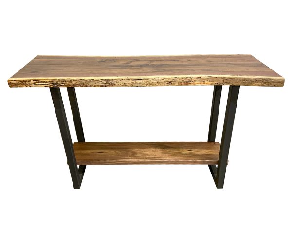 Custom live edge sofa table with tubular steel base