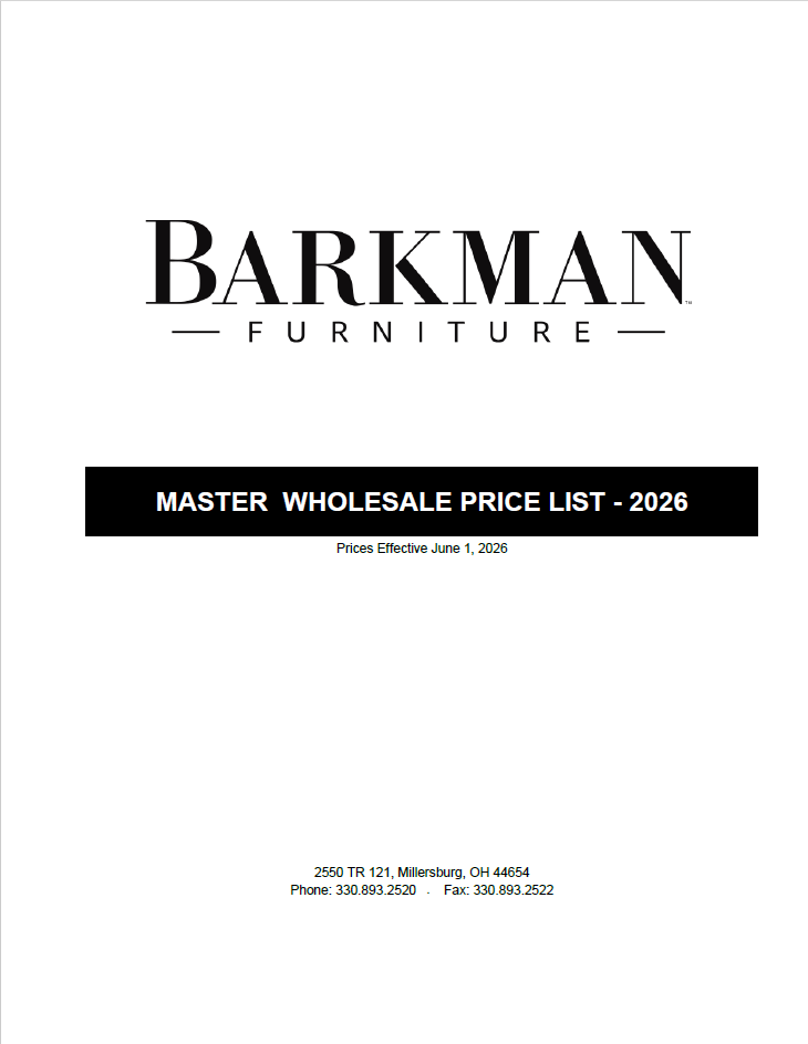 Barkman Furniture logo with a bold 'MASTER WHOLESALE PRICE LIST - 2026' banner on a white page.