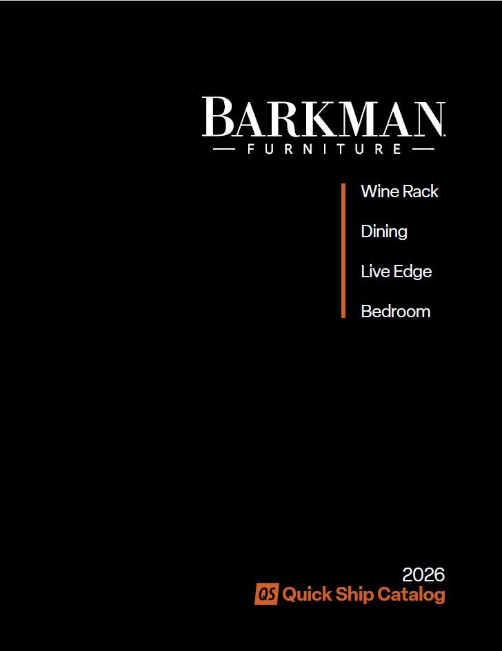 Barkman Furniture logo on a black background with a vertical orange line and menu items—Wine Rack, Dining, Live Edge, Bedroom—on the right, bottom shows 2026 Quick Ship Catalog with a QS logo.