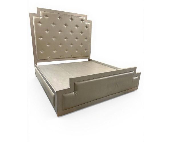 Metallic gray upholstered bed with a tufted, square-patterned headboard and stepped edge frame.