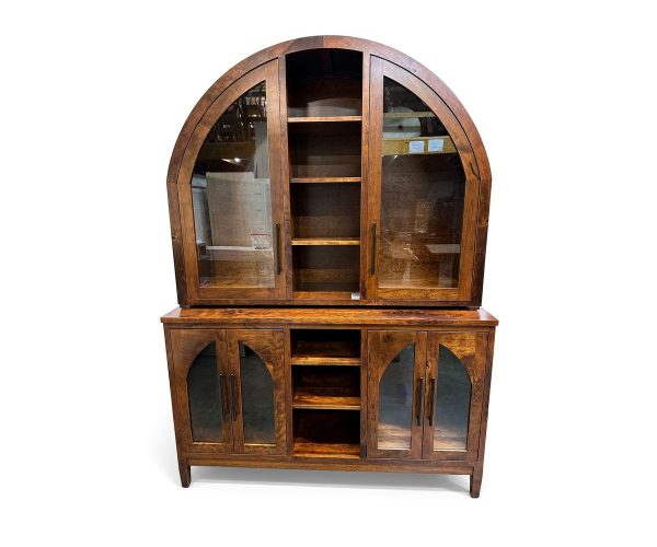 Dark wood arched-top china cabinet with glass doors and central open shelves on top, and glass-front cabinets with open shelving below