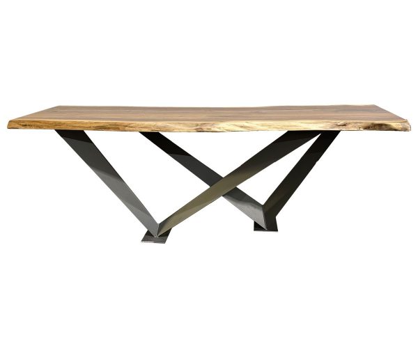 Long wooden tabletop with dark crisscross metal legs in an angular, industrial-style table design.