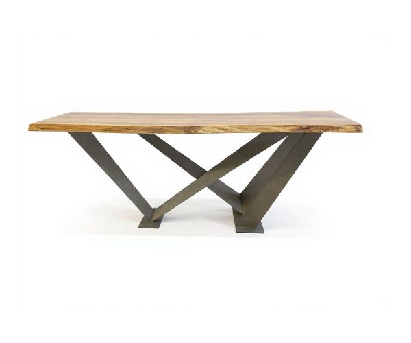 Rectangular wooden tabletop supported by a dark X-shaped metal base forming an industrial-style table.