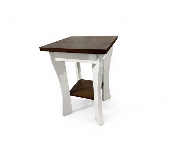 White two-tone side table with a dark brown wooden top and a lower shelf under the top edge.