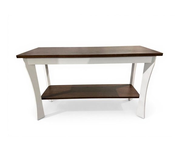 Two-tone wooden console table with a dark brown top and shelf, supported by white angled legs.