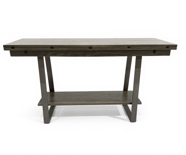 Industrial-style dark wood console table with a top, two front drawers, and a lower shelf between wide legs