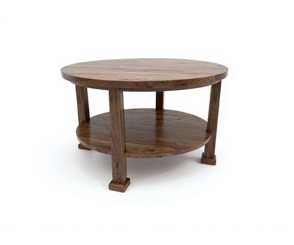 Round wooden coffee table with two shelves and thick, square legs, in a rustic brown finish