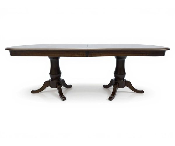 Dark wood dining table with two pedestal bases, shown extended with a seam in the middle against a white background.