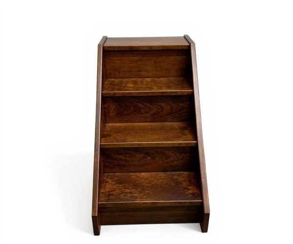 Dark brown wooden step shelf with five angled shelves, like a small display ladder