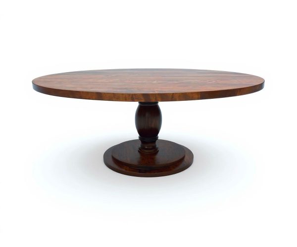 Round wooden dining table with a single central pedestal base on a white background.