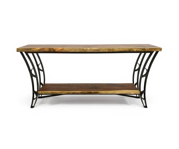 Two-tier wooden console table with decorative black metal curved legs and shelves.