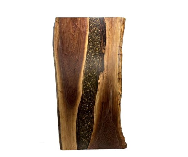 Vertical live-edge wooden slab with a dark resin/stone-filled center river running down the middle.